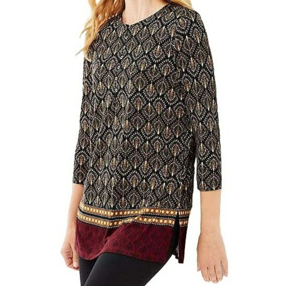 J. Jill Bordeaux Fan Geo Border Print Knit Pullover Tunic Top Sz L - Picture 5 of 10